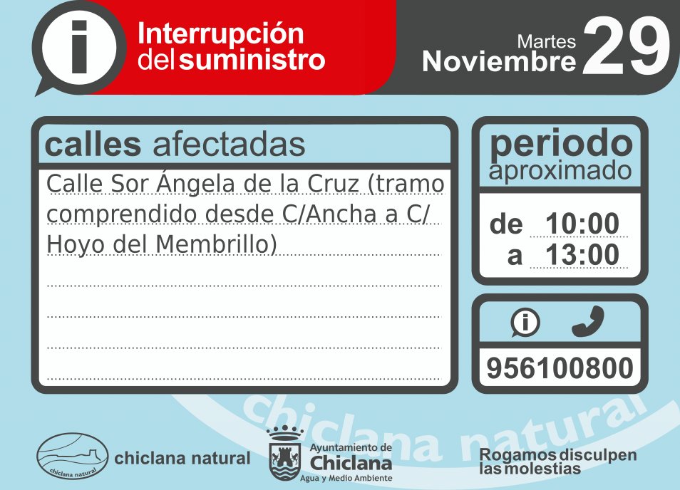 chiclananatural's tweet photo. 🔌 ATENCIÓN. Comunicado de cortes de suministro de un periodo de tres horas de duración, aproximadamente (de 10:00 a 13:00 h).
🚱Motivo: mejoras en la red. Las zonas afectadas son las siguientes de la imagen.
🙏Rogamos disculpen las molestias.
#Chiclana #CortedeSuministro https://t.co/9pw2PqAutZ
