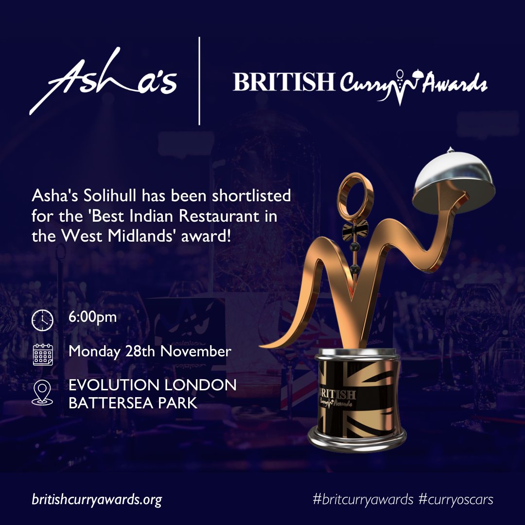 🇬🇧 This evening, the Asha's team is heading to London for The <a href="/BritCurryAwards/">British Curry Awards</a>! 🇬🇧

In case you missed it, Asha's has been shortlisted for the 'Best Indian Restaurant in the West Midlands' award. 🏆

Roll on this evening... 🤞

#britcurryawards #curryoscars