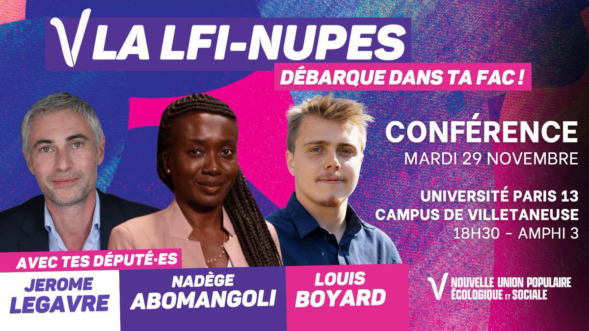 Demain à 18h30 avec Nadège Abomangoli et Louis Boyard, nous serons présents à l'Université Paris 13, campus de Villetaneuse dans le cadre de la tournée des facs !