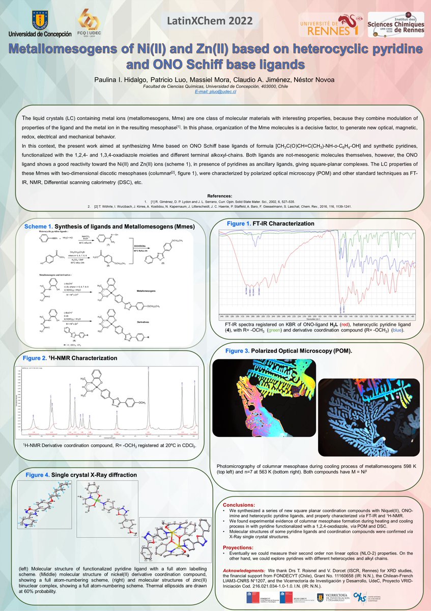 LuoC_Patricio's tweet photo. Hi @LatinXChem! This is our research titled: "Metallomesogens of Ni(II) and Zn(II) based on heterocyclic pyridine and ONO Schiff base ligands"
#LatinXChem22 #LXChemInorg #Inorg39 #Metallomesogens https://t.co/oradZ4zpMl
