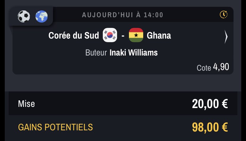 FloProno_'s tweet photo. #FIFAWorldCup  

🔸 Ghana @ 3,10 • 20€ 
🔸 Williams @ 4,90 • 20€ 

#TeamParieur https://t.co/oIjVFVOw2d