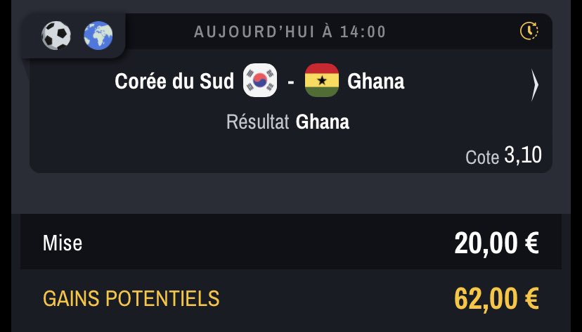 FloProno_'s tweet photo. #FIFAWorldCup  

🔸 Ghana @ 3,10 • 20€ 
🔸 Williams @ 4,90 • 20€ 

#TeamParieur https://t.co/oIjVFVOw2d