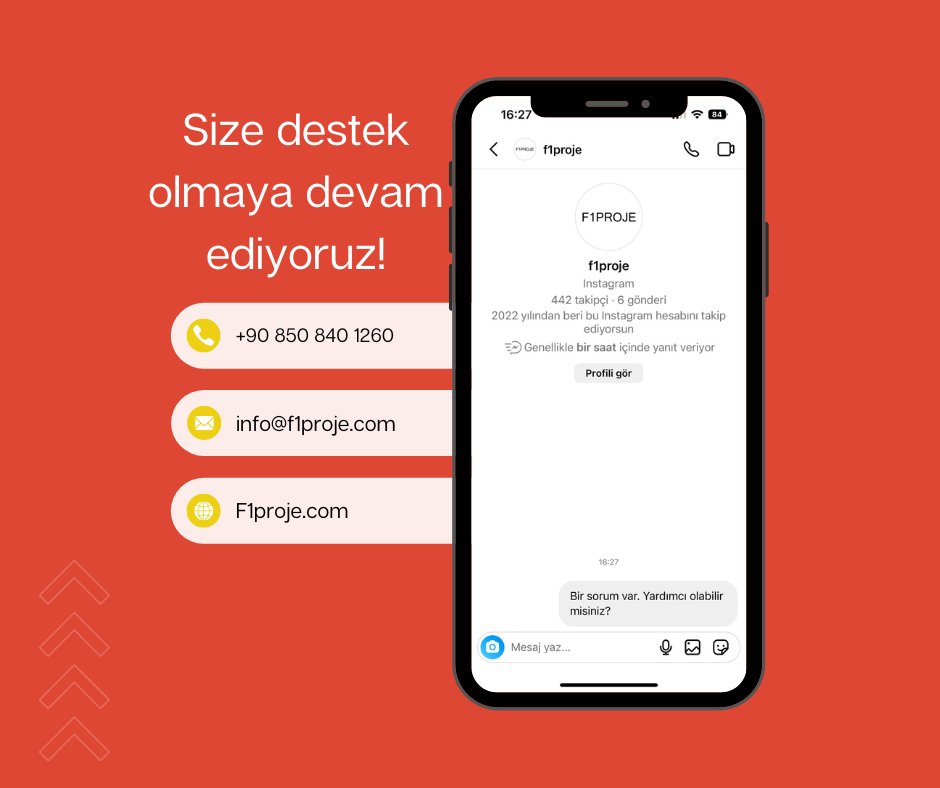 F1PROJE olarak, aldığınız hizmet sonrasında yaşayabileceğiniz her türlü sorunda size destek oluyoruz.

#webuygulama #mobiluygulama #mobiluygulamageliştirme #websitetasarim #mobiluygulamatasarimi