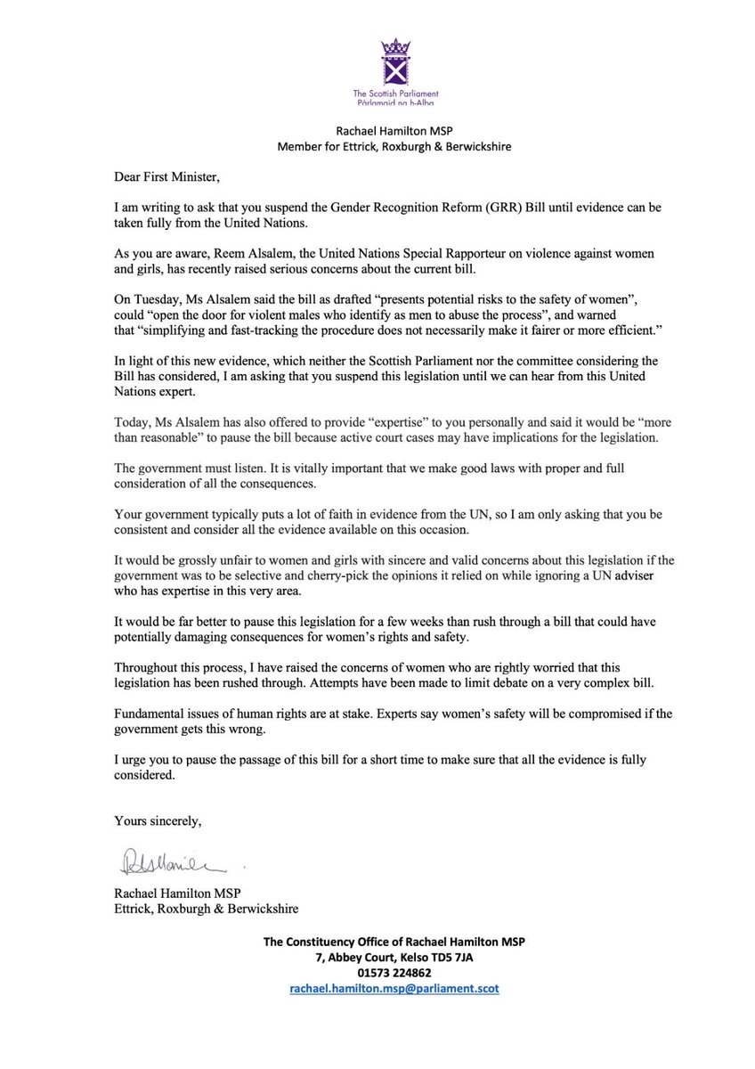 Rachael2Win's tweet image. I have written to Nicola Sturgeon urging her to suspend the GRR Bill.

Parliament must take evidence from the United Nations expert on violence against women and girls, @UNSRVAW.

Women's rights and safety are at risk. The Scottish Government must listen.