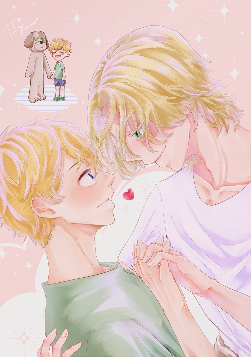 blonde hair multiple boys 2boys male focus holding hands blue eyes heart  illustration images