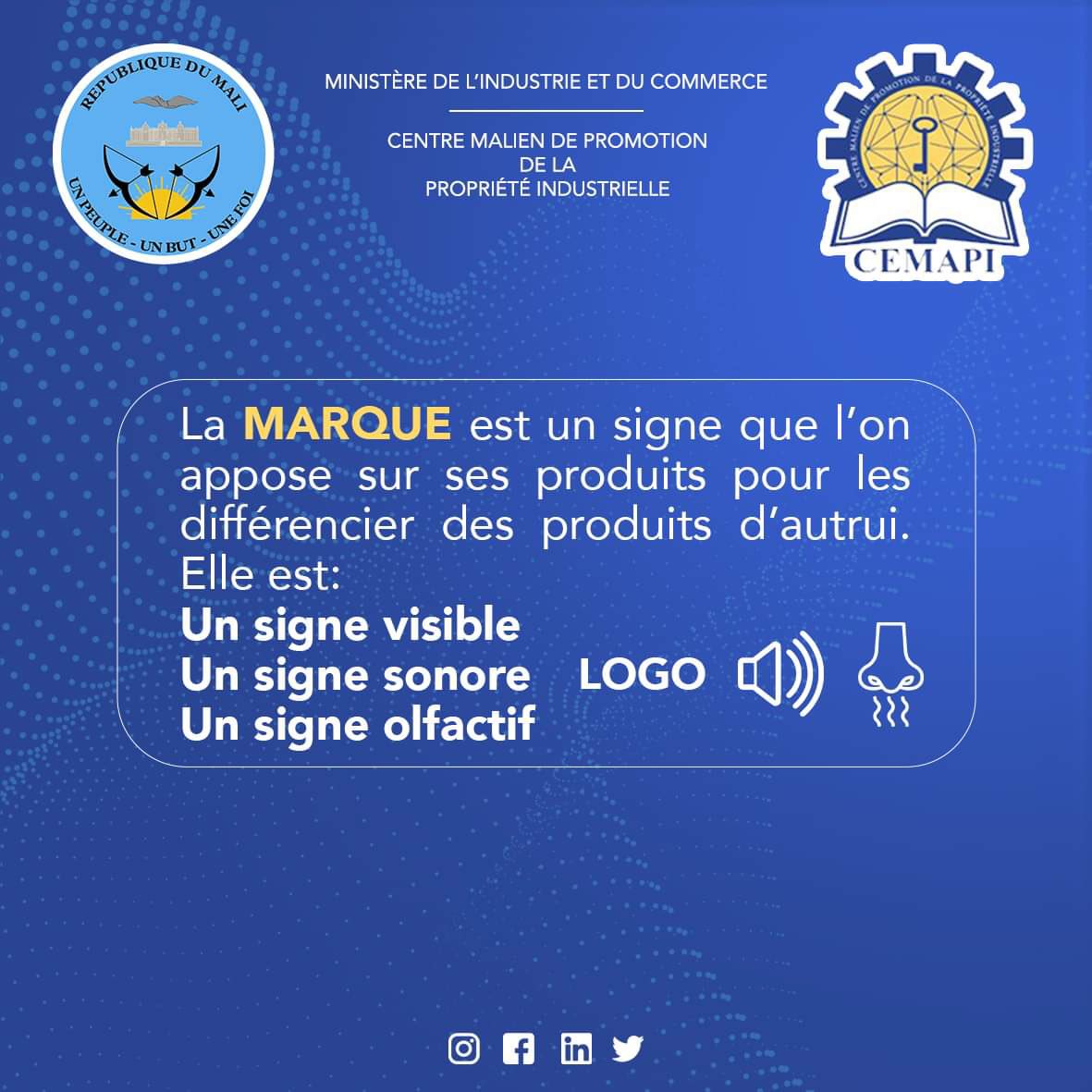 La Marque est un signe que l’on appose sur ses produits pour les différencier des produits d’autrui.
Elle est :
• Un signe visible : (Ex : les logos, chiffres)
• Un signe sonore qu’on reconnait à travers le son
•Ou un signe olfactif qu’on reconnait par l’odeur #CEMAPI