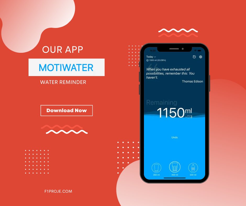 Motiwater, size günlük bildirimlerle su içmeyi hatırlatırken, motivasyonunuzu yükseltecek alıntılarla size destek olur.

Siz de uygulamamızı App Store ve Play Store'dan ücretsiz olarak indirebilirsiniz.

#mobiluygulama #mobileapp #suhatırlatıcı #appstore #playstore