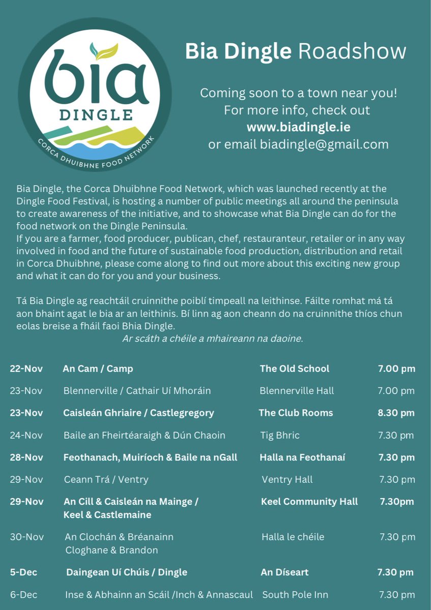 BiaDingle's tweet photo. Back this week with 4 information evenings across the peninsula. Join us

Feothanach, Muirioch &amp; Baile na nGall
Ceann Trá / Ventry
Keel &amp; Castlemaine
Cloghane &amp; Brandon https://t.co/qG9VcMr1Ca