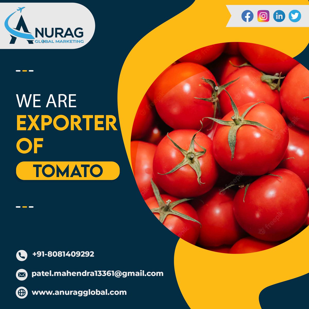 Anuragglob's tweet photo. We are top leading exporter of Tomato.
+91-8081409292
patel.mahendra13361@gmail.com
https://t.co/LT5rmM5Ums
https://t.co/cU0XEUTXON
https://t.co/wNQdKjvvTT
https://t.co/14tjg8supy
#anuragglobalmarketing #anuragglobal #export #exportindia #india #exporte #tomato https://t.co/SzpRmNDby0