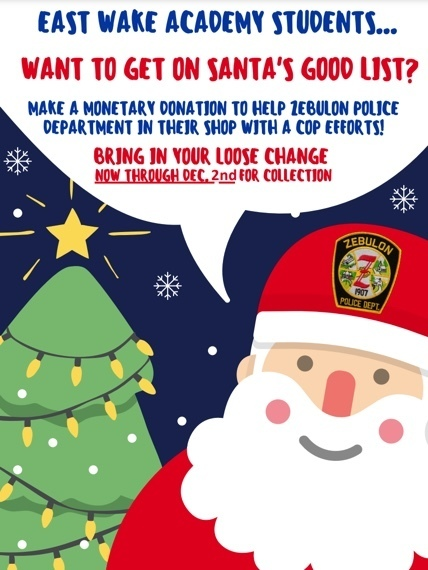 EASTWAKEACADEMY's tweet photo. This Friday is our Annual Shop with a Cop Dress Down Day benefitting Zebulon Police Department.  A donation of any amount will allow students to dress down on Friday, Dec. 2nd.  We will accept donations all week or you can donation online at https://t.co/Xw1oEcxshV.  #EWA25 https://t.co/Y2L7nbsgLm