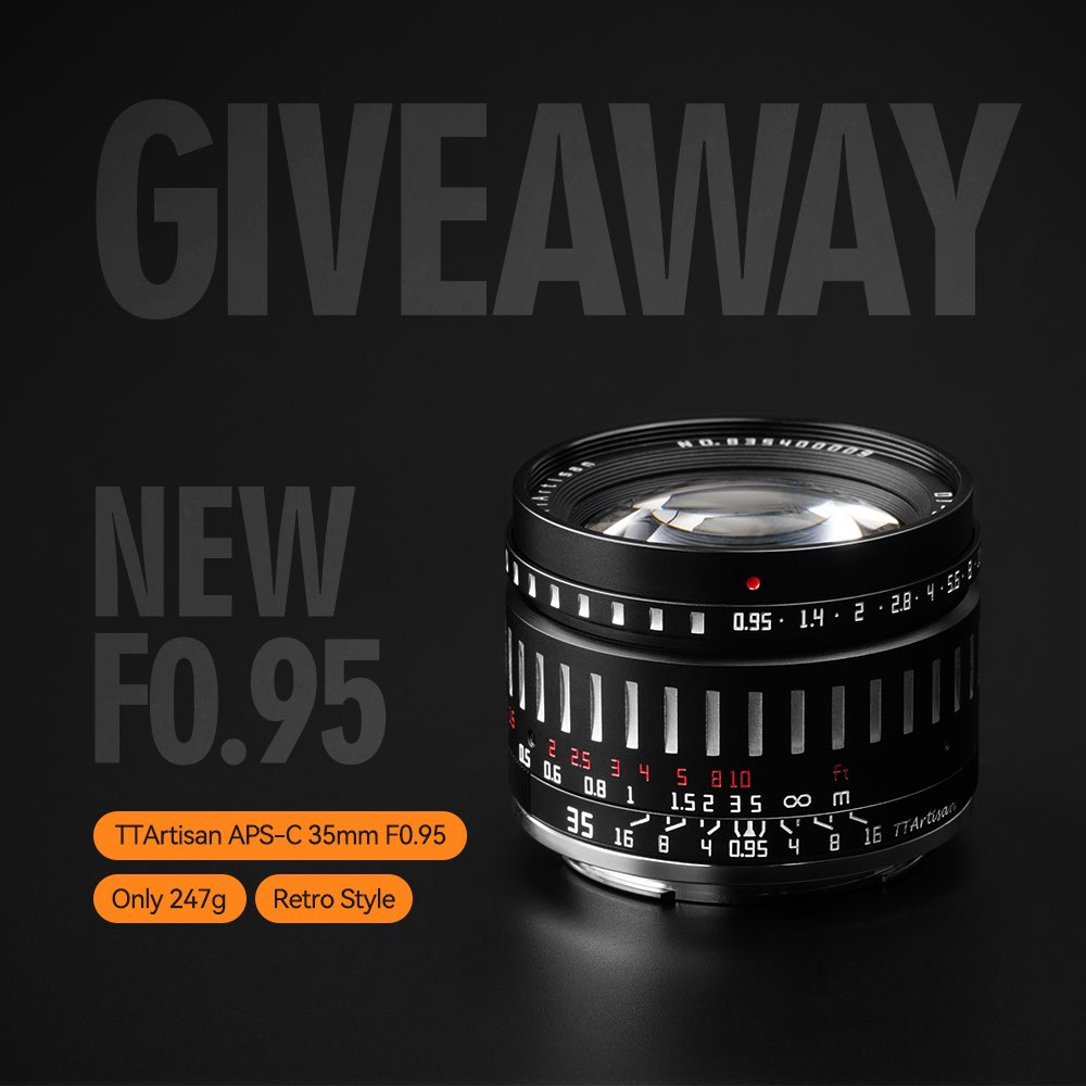✨GIVEAWAY✨Bring Home  #ttartisan New 35mm f0.95
✅HOW TO WIN：
1.Follow us <a href="/TTArtisanCN/">TTArtisan</a>
2.Like and retweet this tweet 
✅Terms and Conditions: 
-Contest ends on 4/12 23:59 
-Winners will be announced on 5/12.
✅Prize 1 x  #ttartisan35mmf095