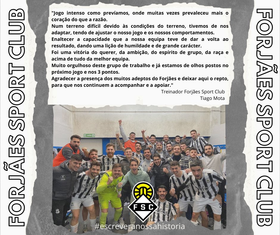 TMota_FCoach's tweet photo. DECLARAÇÕES 📄
"Enaltecer a capacidade que a nossa equipa teve de dar a volta ao resultado, dando uma lição de humildade e de grande carácter."

12.ª Jornada
F.C. Marinhas 1x2 Forjães Sport Club
#escreveranossahistoria https://t.co/TPIXA6yjok