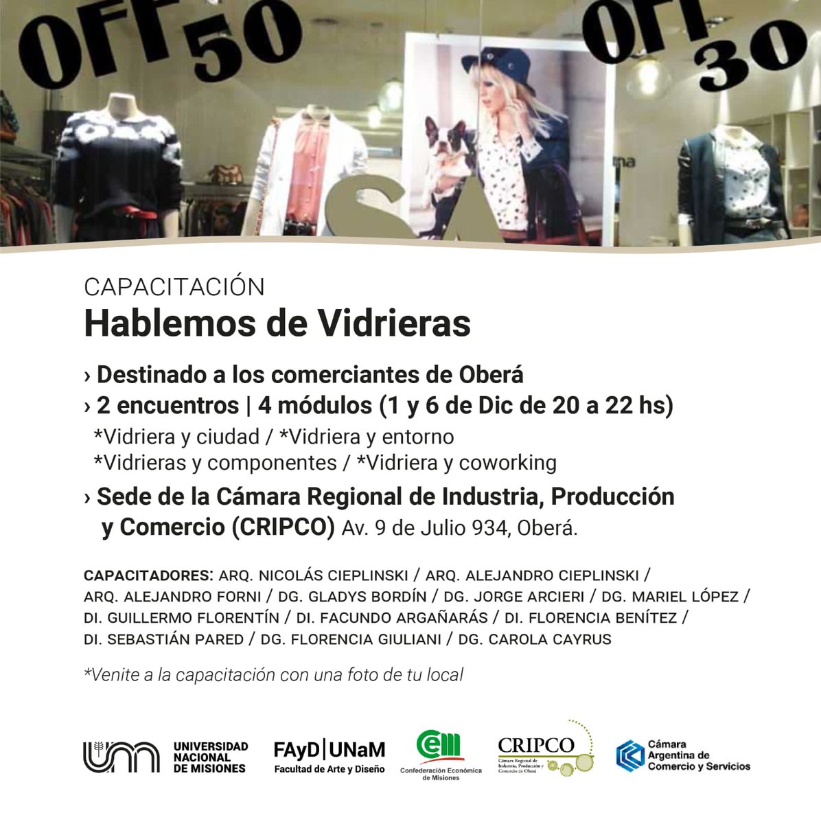 OberaCRIPCO's tweet photo. "HABLEMOS DE VIDRIERAS" 

Capacitación abierta y gratuita para los comerciantes de la ciudad.

Dos encuentros: jueves 01/12 y martes 06/12 a las 20hs en el salón de la CRIPCO, 9 de julio 934. 

Anotate completando el siguiente formulario: https://t.co/S1B5WlVrit https://t.co/WQWfGDksil