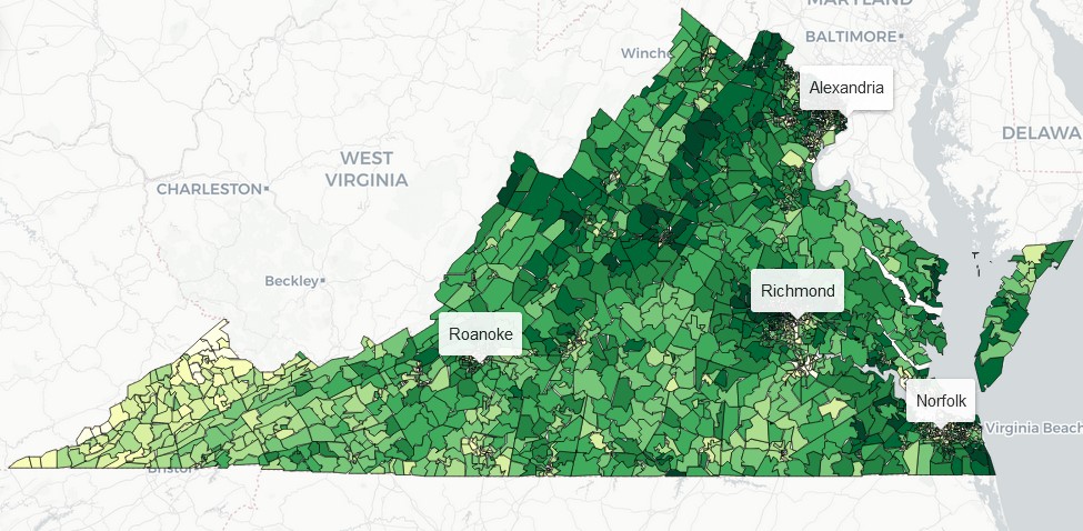 Here's a #Virginia map showing the % of registered voters in each precinct who cast ballots in the #2022midterms. Hover to see if a precinct's turnout was ↑ or ↓ the congressional district average. bit.ly/3Vfo56f