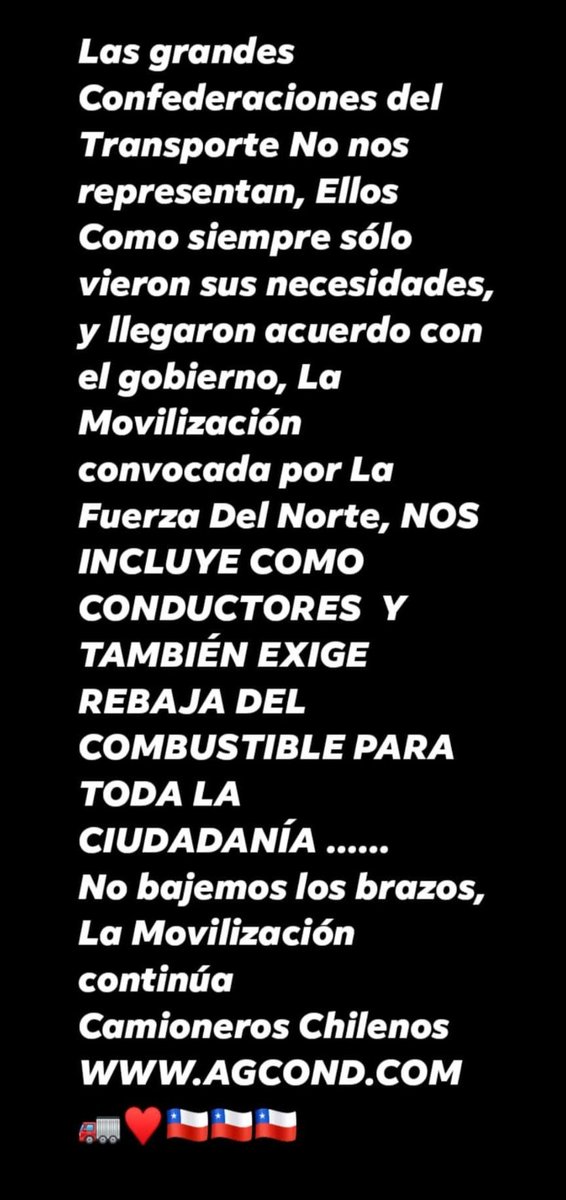 AGCOND_Chile's tweet photo. #AGCOND Seguimos Movilizados, por que no sólo pensamos en nosotros, también en la Ciudadanía.... Exigimos rebaja de combustible para todos no nos sentimos privilegiados...
#CamionerosChilenos
https://t.co/7RhRf3QO4C
🚛♥️🇨🇱🇨🇱🇨🇱 https://t.co/vbAA2OpAIE
