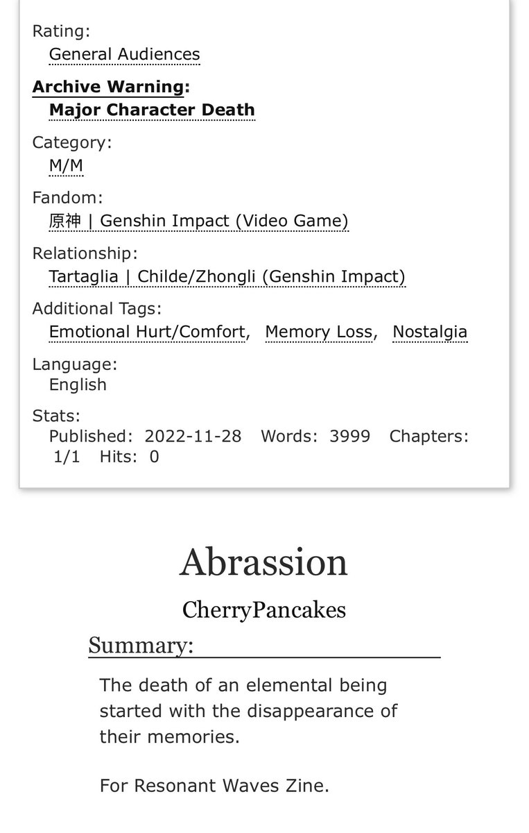 ✦ Abrassion (completed) #tartali 

✦Rated : G. 

✦  For <a href="/ResonantZine/">Resonant Waves @ LEFTOVER END</a> main zine
 
✦ Words Count: 4k. 

✦ archiveofourown.org/works/43309618