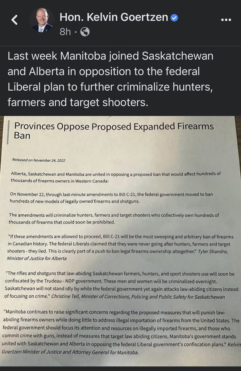 TWilsonOttawa's tweet photo. Manitoba joins Alberta and Saskatchewan in opposing the expansion of the Liberal gun ban to include hunting rifles and shotguns. Amendment G-4 of #C21 bans a massive list of common hunting guns 🇨🇦 #HuntingGunBan #oppose #WorkOnCrime https://t.co/wVZRcNv6f5