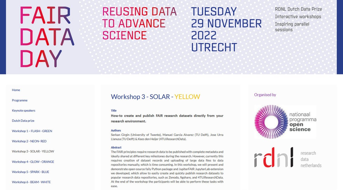 Do you want to #publish your #ResearchData from <a href="/ProjectJupyter/">Project Jupyter</a> Lab, or create automated publishing #workflows? Join us for #FAIRDataDay workshop on <a href="/JupyterFAIR/">JupyterFAIR</a>! 29 Nov, <a href="/JBU_MediaPlaza/">Jaarbeurs MediaPlaza</a>, 11-12am, 13-14pm. aanmelder.nl/fairdataday/wi…  <a href="/UTwente/">University of Twente (inactive)</a> <a href="/tudelft/">TU Delft</a> <a href="/4TUResearchData/">4TU.ResearchData</a> <a href="/NWONieuws/">NWO Nieuws</a>