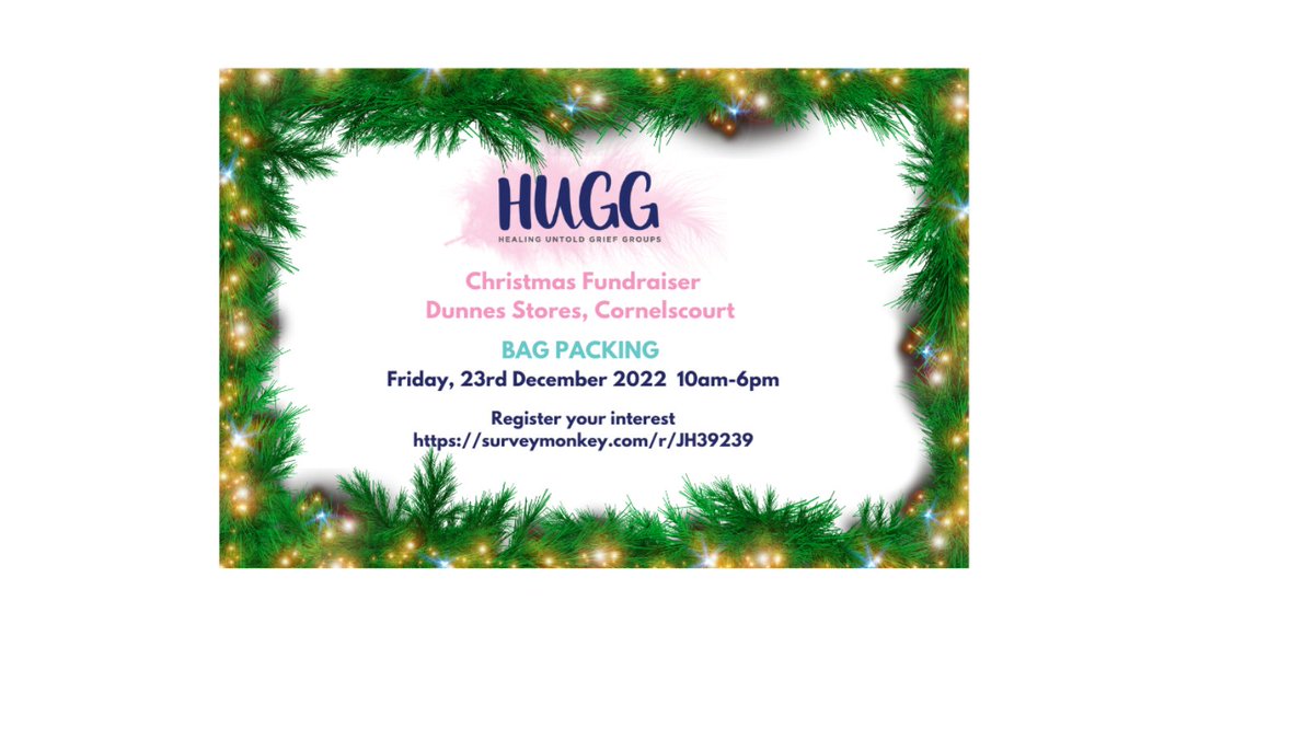 Our fantastic facilitator  <a href="/MichelleHegart7/">Michelle Hegarty</a>  is leading a fundraiser in aid of HUGG, on Fri 23 Dec  in Dunnes Stores, Cornelscourt, Dublin 18. 

Can you help bag pack for 2hrs between 10-6pm?

Register your interest here and thanks for your support. surveymonkey.com/r/JH39239