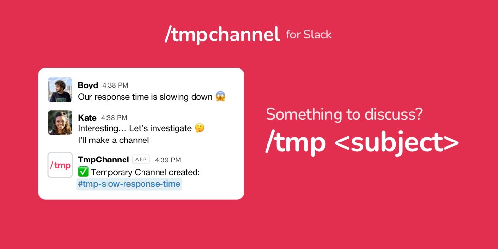 JustCodeCats's tweet photo. Over the years I've been using temporary channels as a quick way to collaborate on Slack 🧵

Today I am excited to launch TmpChannel, a Slack bot for creating and managing temporary channels on Slack 🚀 https://t.co/eYx6H4vCiI