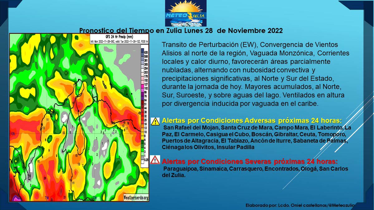 MeteoZulia's tweet photo. ⚠️🚨#PronosticoDelTiempo #Zulia y la #PrevisiondelTiempo en #Maracaibo #Lunes #28Nov2022, Hay #Advertencias por #CondicionesdelTiempo #Adversas en en casi todos los estados del Pais, y en el estado #Zulia durante las próximas 24 horas.
#AlertaTemprana #AccionTemprana https://t.co/oXPKqnT8bd