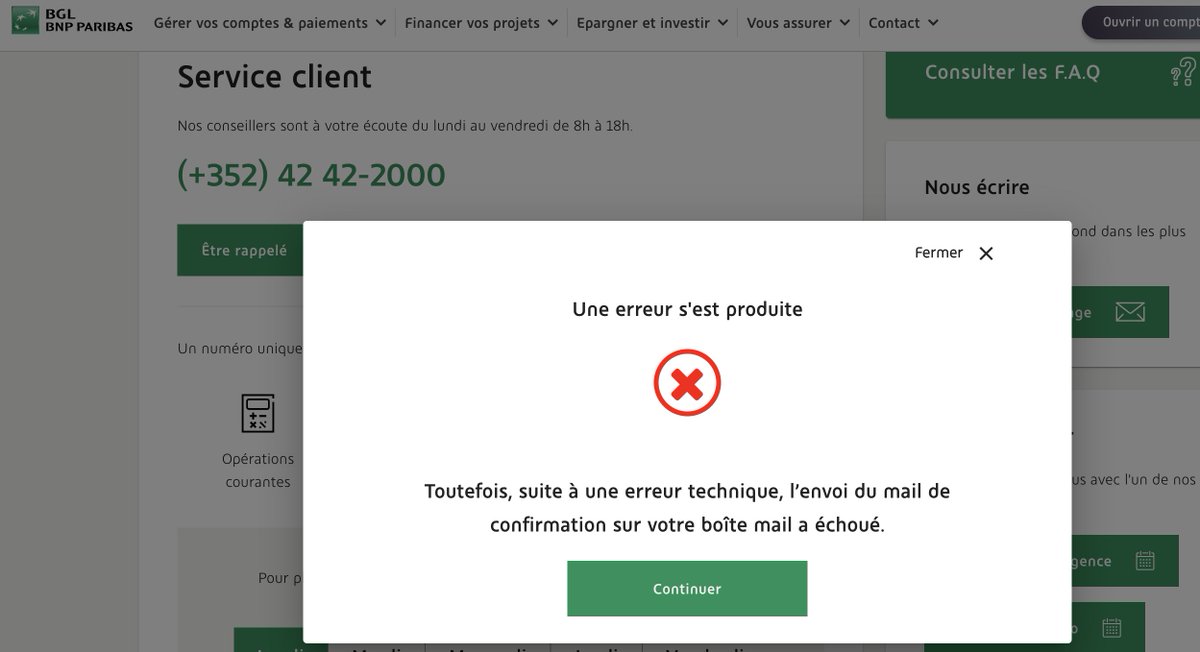 Bon <a href="/BGLBNPParibas/">BGL BNP Paribas</a>, pas de réponse à un prise de contact par téléphone (puisque votre webform ne fonctionne pas) après 4 jours ouvrés. Et aujourd'hui le webform ne fonctionne toujours pas alors que je l'ai signalé mercredi. On se prend un café pour en parler ?