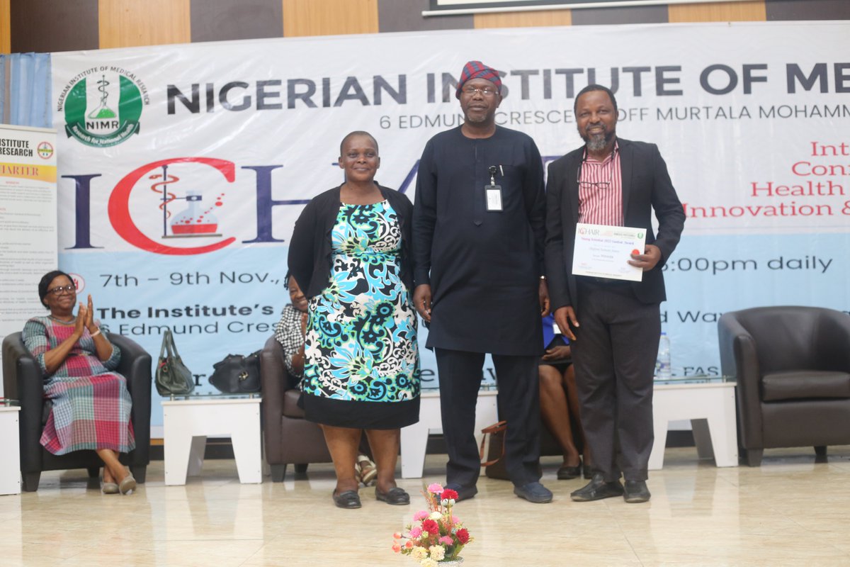 IchairN's tweet photo. Dr Samuel Amoo @amoo_olufemi, winner of the Director-General's Young Scientist Award at the #ICHAIR2022. The award was  presented by the DG @nimrnigeria Prof Salako. @MicrobioNIMR @NIMR_Foundation @AlikoDangoteFdn @APINNigeria @UnilagNigeria @APINNigeria @Fmohnigeria @NCDCgov https://t.co/YaVP5oTHHI