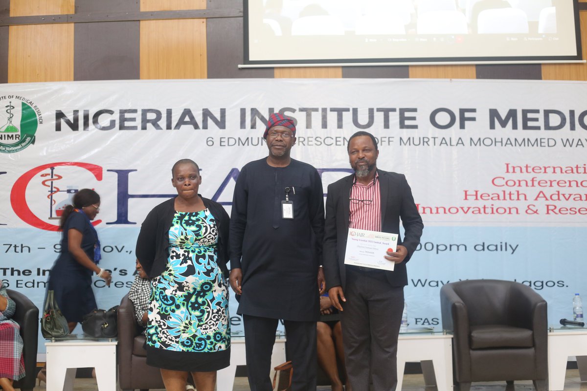 IchairN's tweet photo. Dr Samuel Amoo @amoo_olufemi, winner of the Director-General's Young Scientist Award at the #ICHAIR2022. The award was  presented by the DG @nimrnigeria Prof Salako. @MicrobioNIMR @NIMR_Foundation @AlikoDangoteFdn @APINNigeria @UnilagNigeria @APINNigeria @Fmohnigeria @NCDCgov https://t.co/YaVP5oTHHI