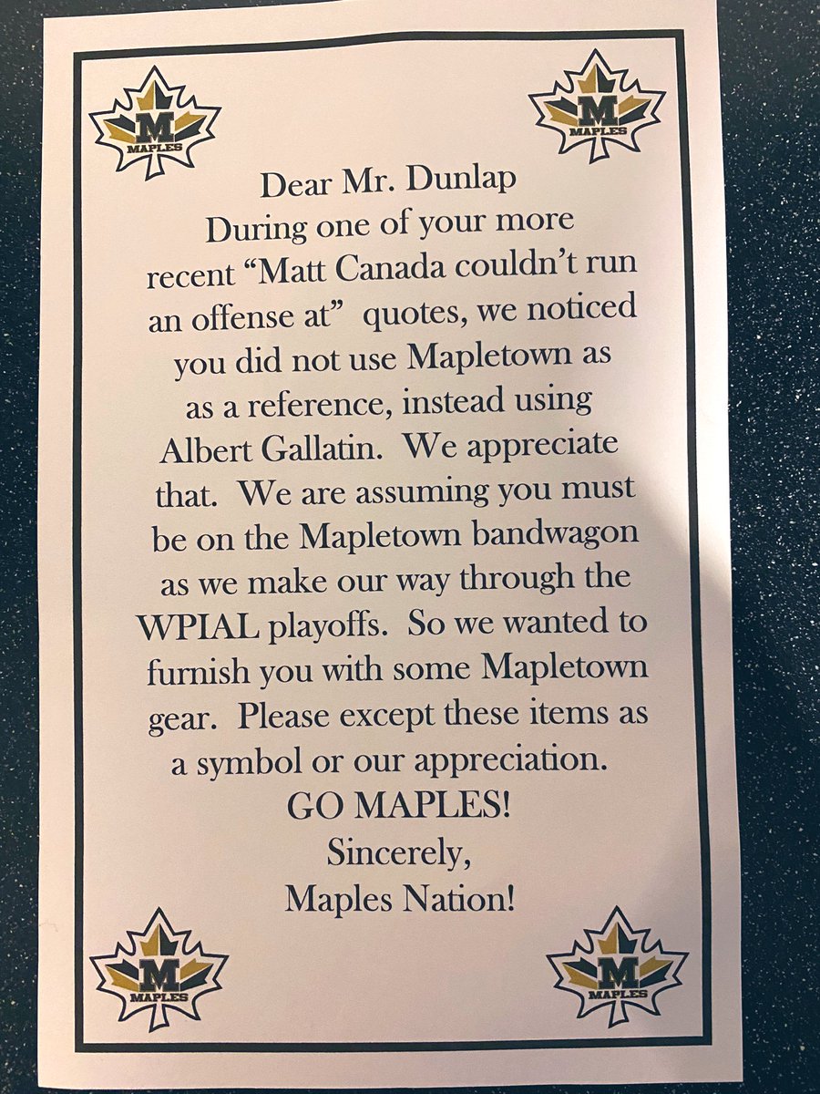 colin_dunlap's tweet photo. UNREAL package from the great people at Mapletown athletics!! Check out this great note. And they sent me some gear. The note is hilarious. https://t.co/UONUZdJZU7