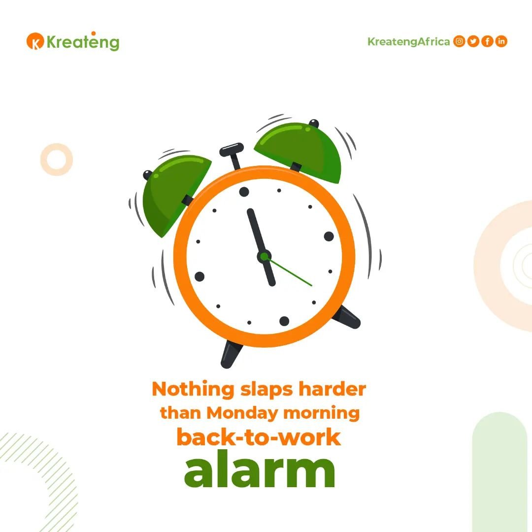 KreatengAfrica's tweet photo. It's the absolute worst😭 but we mostly have no choice but to get our acts together for the day by it's command.
Have an amazing week Kreatives😉
#Monday #slap #alarm #MondayMorning #tecj #kreatengAfrica https://t.co/0oKXHSgIPX