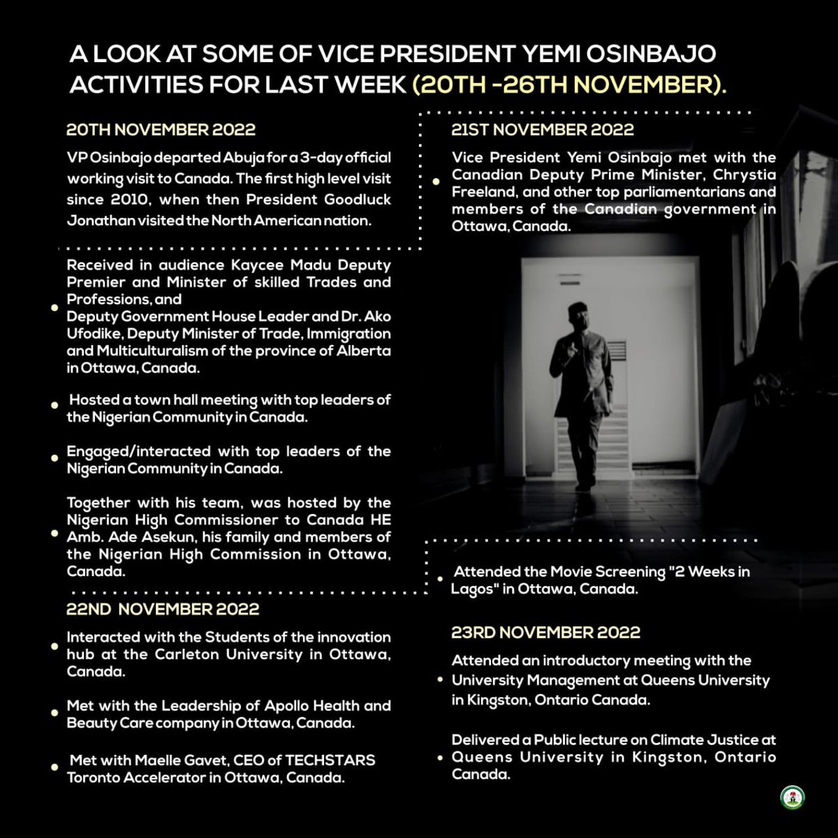 dunnia33's tweet photo. A look at some of Vice President Yemi Osinbajo's official activities for last week (20th - 26th November) https://t.co/UhdpIZuBZ0