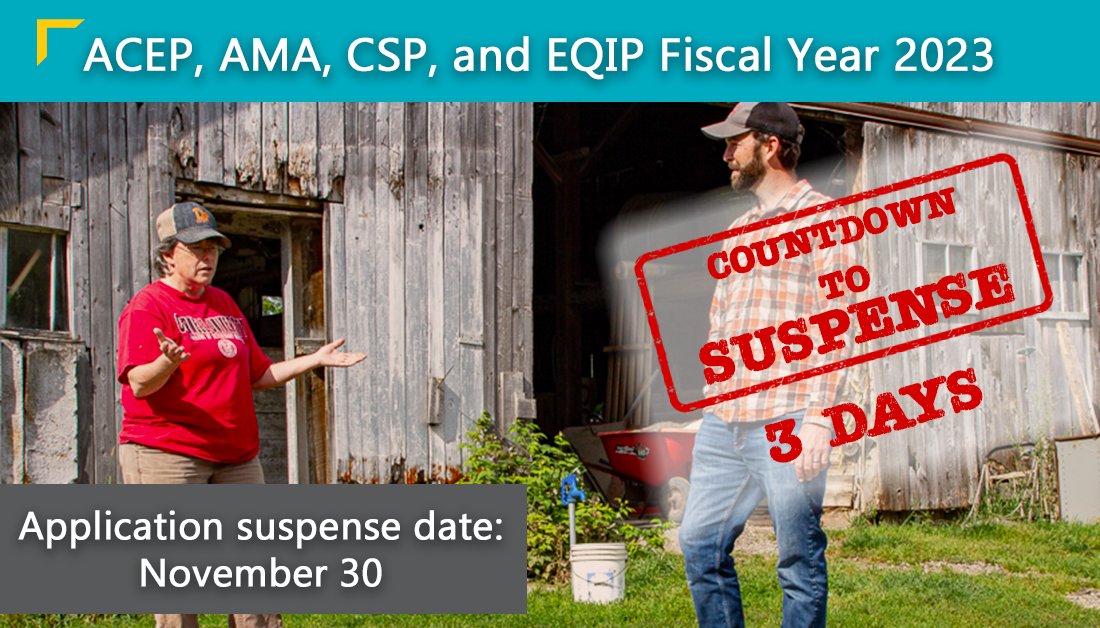 NRCSNH's tweet photo. REMINDER: Application suspense for Fiscal Year (FY) 2023 funding

Applications for FY 2023 are due by 30 November. Don't miss your opportunity to be eligible for this round of funding. Contact your local field office today! 

https://t.co/1mFwGelxuQ https://t.co/2hwERwAQ8e