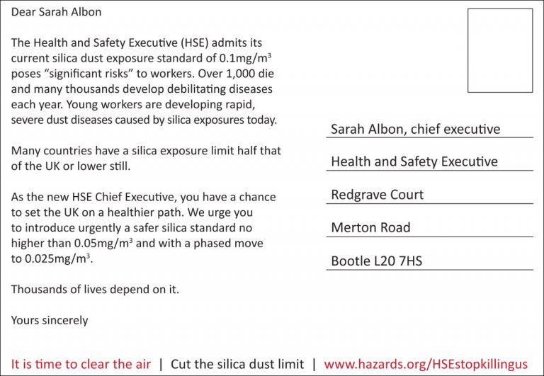 <a href="/H_S_E/">Health and Safety Executive</a> The UK is way behind international best practice on silica exposures. We need a new, more protective #silica workplace exposure limit now! Over a thousand lives each year could be saved, thousands of workers could be spared disability. Send HSE a message: hazards.org/hsestopkilling…