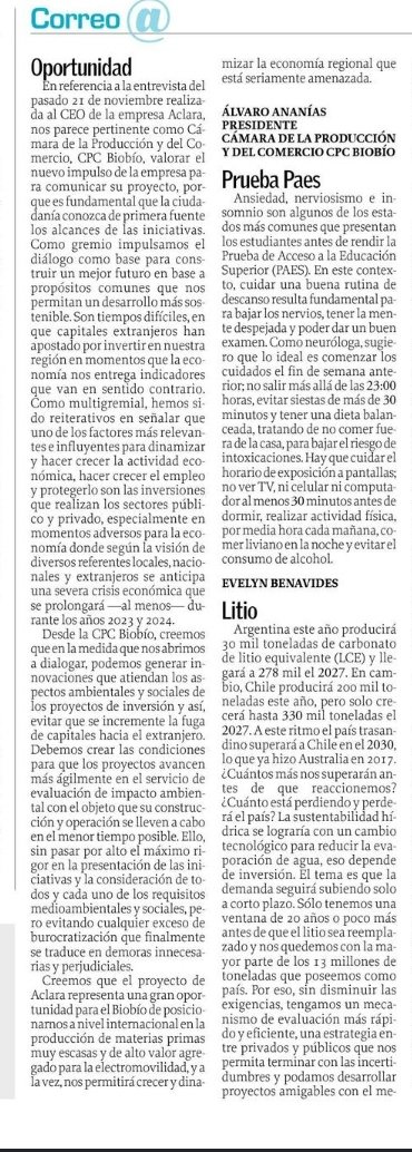 📰 Durante el fin de semana la <a href="/cpcbiobio/">Cámara de la Producción y del Comercio Biobío</a> expresó su opinión en <a href="/elsurcl/">Diario El Sur</a> y <a href="/DiarioConce/">Diario Concepción</a> respecto a diversos temas que impactan en la economía regional y nacional. 

Revisa los detalles aquí 👇