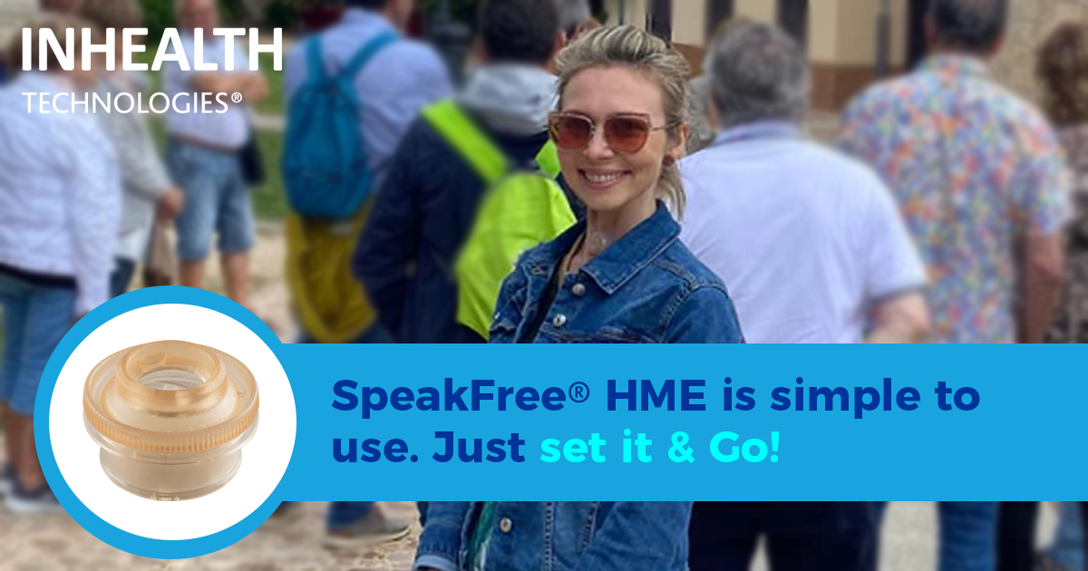 SpeakFree® HME is simple to use. Just set it & Go! Visit InHealth.com to order SpeakFree®! 

#InHealthTechnologies #TotalSolution #blomsinger #laryngectomy #headandneck #TEP #speakfree #laryngectomylife #voicerestoration #simplfiedhme #neckbreather #laryngectomee