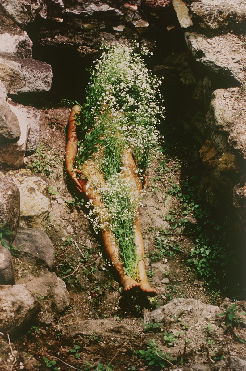 AestheticaMag's tweet photo. #CollectionHighlights @SFMOMA | Ana Mendieta, 'Imagen de Yagul' (1973)
A figure covered in white flowers merges into the surrounding rocky landscape, becoming one with nature. https://t.co/YnZXCl3Srb