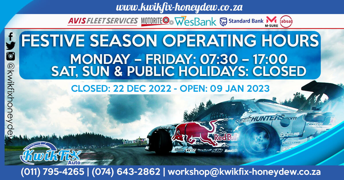 kwikfixhoneydew's tweet photo. Please note our festive season operating hours and annual closure date!
#festiveoperatinghours #closingdates #decemberholiday #sillyseason #roadtrip #carcare #autorepair #carmaintenance #minorservice #majorservice #oilchange #filterservice #gauteng #honeydew #blueberry https://t.co/XviEb6Ns5J