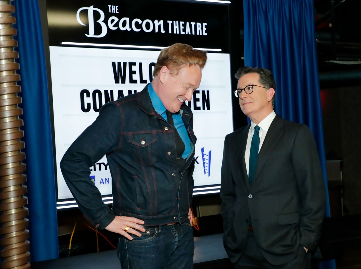 ConanOBrien's tweet photo. Big thanks to @stephenathome for making me feel better about my unintentional denim on denim look. https://t.co/pfOk236hQr https://t.co/0Z8RMQxhDa