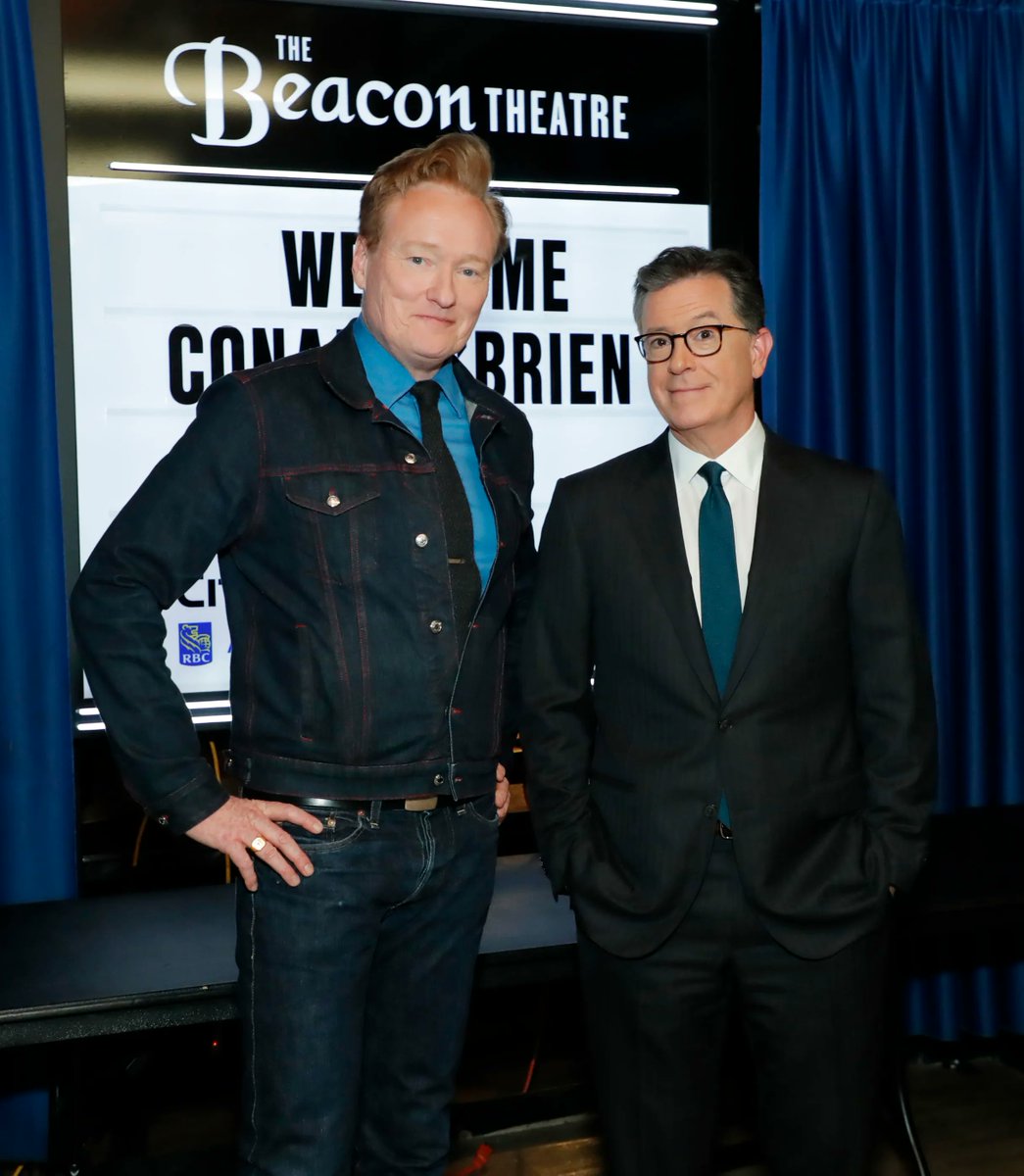 ConanOBrien's tweet photo. Big thanks to @stephenathome for making me feel better about my unintentional denim on denim look. https://t.co/pfOk236hQr https://t.co/0Z8RMQxhDa