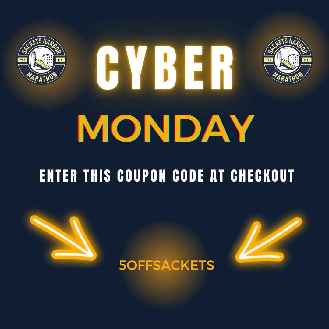 SacketsRaceMgmt's tweet photo. Who doesn't love a deal?!? Enter the code 5OFFSACKETS at checkout to save some money!
#sacketsharbormarathon #sacketsharbor #cybermonday #sale #racediscount #halfmarathon #marathon #instarun #igrunner https://t.co/Nv01dW5jN6