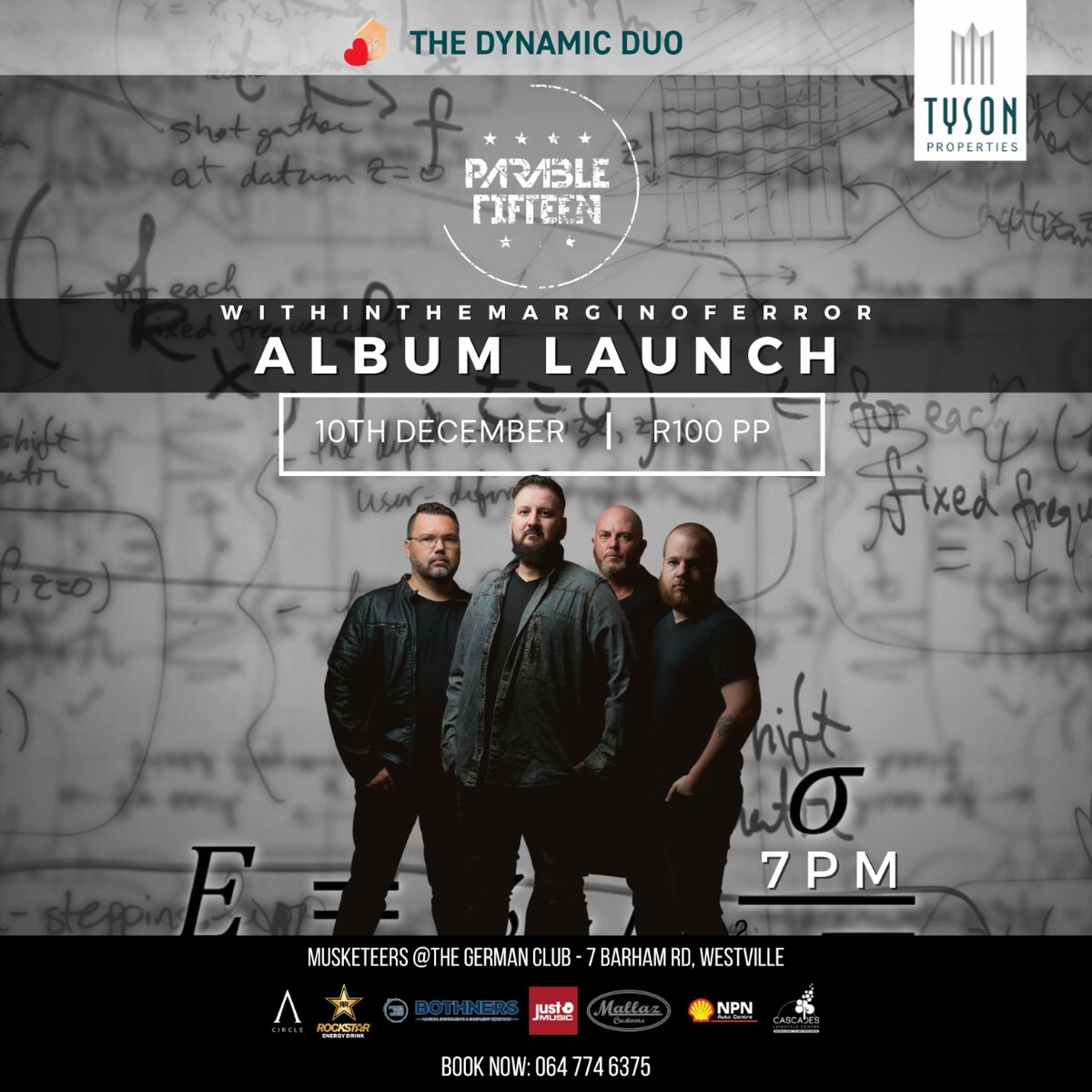 parablefifteen's tweet photo. Book NOW!!! 064 774 6375!!!

#album #albumlaunch #dynamicduo #tysonproperties #newmusic #parablefifteen #newalbum #error #rockmusic #southafrica #durbanband #withinthemarginoferror #musicseries #rockseries #musiclover #rockstarenergydrink #bothnersmusicalinstruments  #justmusic https://t.co/IY5ZsEmcCk
