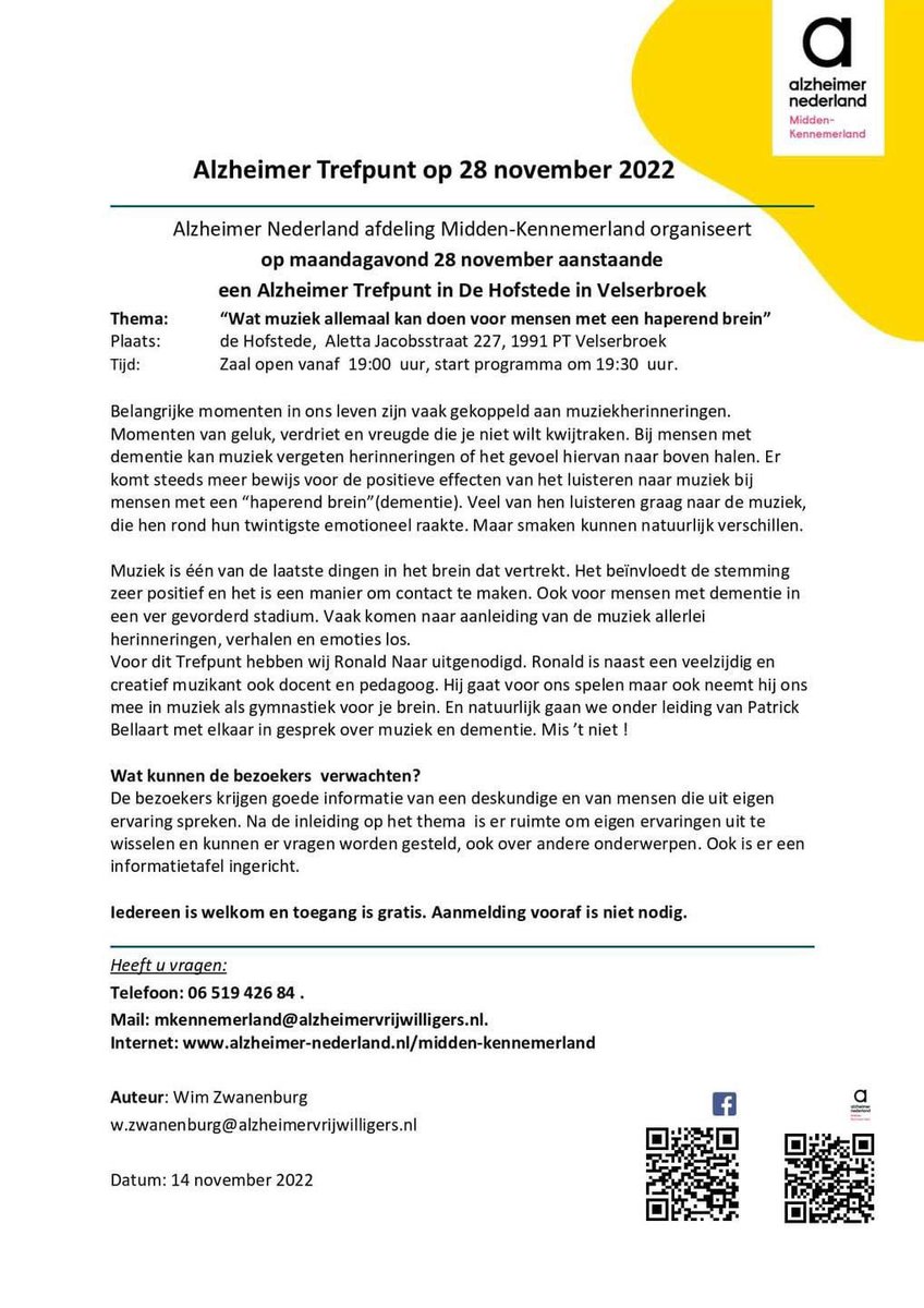 Vanavond is er weer een Alzheimer Trefpunt in Velserbroek. Iedereen is van harte welkom!