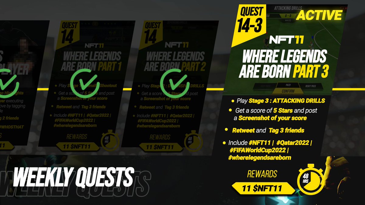 ⭐️Weekly Quest 14 - #wherelegendsareborn⭐️

✅Play stage 3 at dashboard.nft11.io
✅Get a score of 5 stars, post it below!
✅Include your wallet address!

All who hits the requirements get 11 $NFT11 EACH!

Want extra rewards? Asset holders can join bit.ly/NFT11Assets!