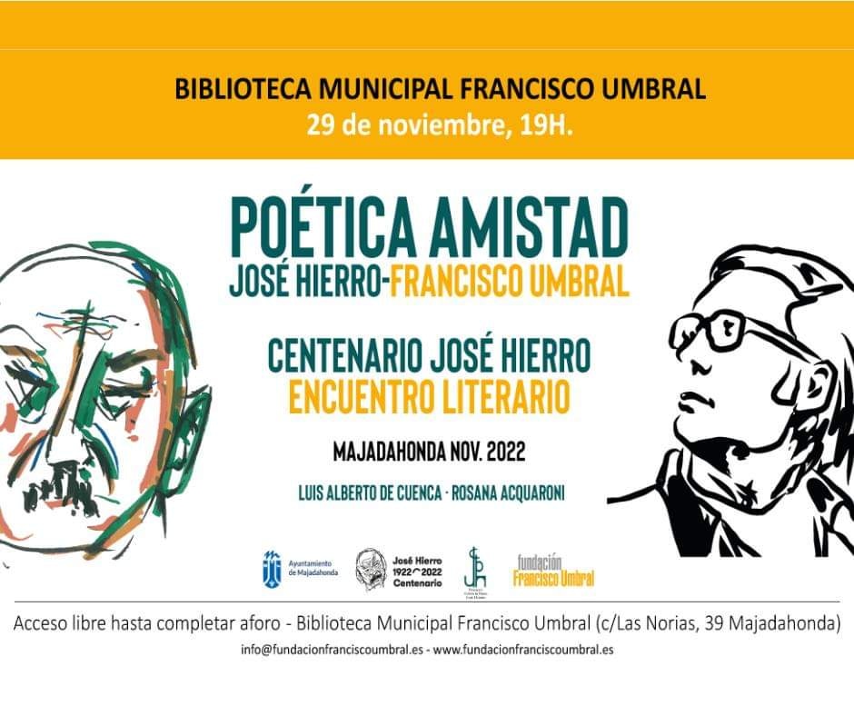 ¡No lo olvidéis!

Mañana a las 19.00 en la Biblioteca Francisco Umbral.

Con Luis Alberto de Cuenca y Rosana Acquaroni.

Entrada libre hasta completar aforo.