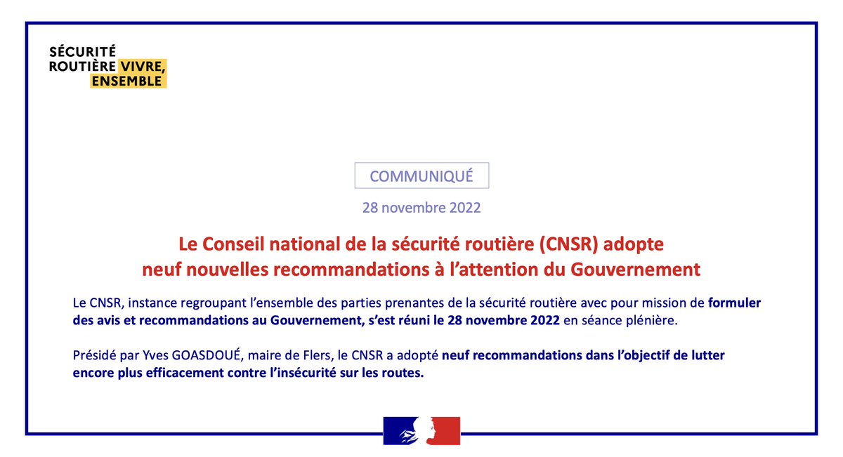 [Communiqué] Le Conseil national de la sécurité routière (CNSR) adopte neuf nouvelles recommandations à l’attention du Gouvernement ➡️ bit.ly/3HacNML