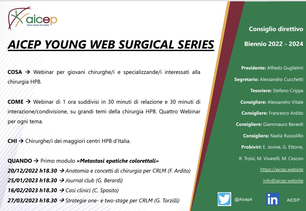 AICEP (@aicep4) on Twitter photo ⏰SAVE THE DATE ⏰
Iniziano i webinar AICEP dedicati alla formazione dei giovani/e chirurghi/e 🤩. Si parte con le metastasi epatiche!
Stay tuned‼️<a href="/Giammatwit/">Giammauro Berardi</a> <a href="/arditofra75/">francesco ardito</a> <a href="/RussolilloNadia/">Nadia Russolillo</a> <a href="/CarloSposito/">Carlo Sposito</a> <a href="/ARuzzenente/">andrea ruzzenente</a> <a href="/Giampaolo_Perri/">Giampaolo Perri</a> <a href="/conci_simone/">Simone Conci</a> <a href="/DeCarlis_R/">Riccardo De Carlis</a> <a href="/StefanoCrippa6/">Stefano Crippa</a> ⏰SAVE THE DATE ⏰
Iniziano i webinar AICEP dedicati alla formazione dei giovani/e chirurghi/e 🤩. Si parte con le metastasi epatiche!
Stay tuned‼️<a href="/Giammatwit/">Giammauro Berardi</a> <a href="/arditofra75/">francesco ardito</a> <a href="/RussolilloNadia/">Nadia Russolillo</a> <a href="/CarloSposito/">Carlo Sposito</a> <a href="/ARuzzenente/">andrea ruzzenente</a> <a href="/Giampaolo_Perri/">Giampaolo Perri</a> <a href="/conci_simone/">Simone Conci</a> <a href="/DeCarlis_R/">Riccardo De Carlis</a> <a href="/StefanoCrippa6/">Stefano Crippa</a>