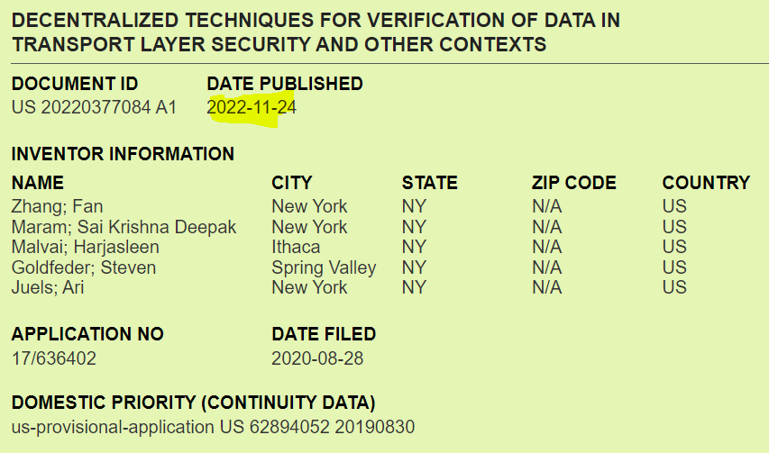 LinkiesLeaks's tweet image. The DECO patent has been published! 
Congrats to @AriJuels, @0xFanZhang, @sgoldfed, @mskd96 and Harjasleen Malvai!  #chainlink