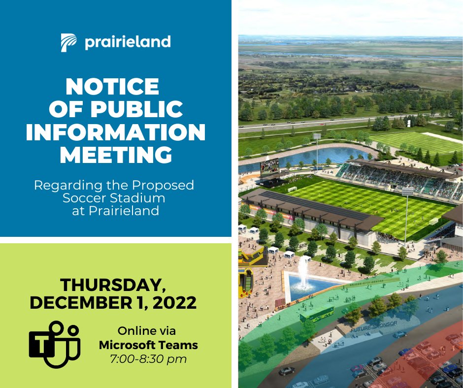 Mark your calendars for this Thursday evening at 7:00 pm 📅 You're invited to take part in an online Public Information Meeting being held by the City of Saskatoon regarding the soccer stadium proposal. Link to virtual Teams Meeting found here: prairielandpark.com/soccer-stadium/
