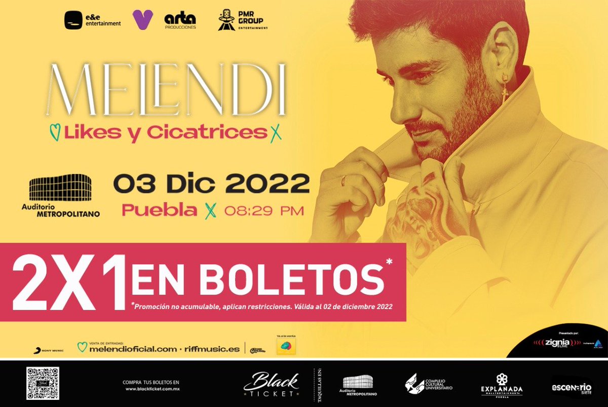 ‼No te pierdas a <a href="/MelendiOficial/">Melendi Oficial</a> en #Puebla ‼
Aprovecha el #BlackFriday que E&amp;E ENTERTAINMENT y ARTA Producciones tienen para ti 
🔥2x1 EN BOLETOS 🔥
🔥GRAN VIP
🔥VIP
🔥PREFERENTE 
🔥LUNETA  
🎟Boletos disponibles en blackticket.com.mx y taquillas del auditorio