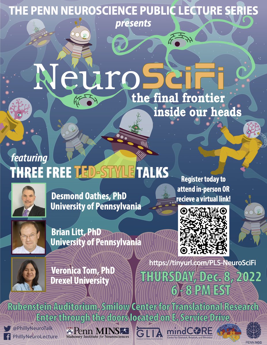 Join us on Thursday 12/8 (6-8pm) for a fun evening of #NeuroSciFi! Three awesome, Philly-based neuroscientists will give short TED-style talks on things the brain does that are so amazing you might think it's science fiction! 🧠👽 #SciComm 

Register here: tinyurl.com/PLS-NeuroSciFi